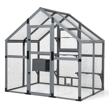 Large Catio Outdoor Cat Enclosure, Weatherproof Walk-in Cat House with Window Connection, Condo, Platform,Small Animal House for Multiple Kittens, Grey