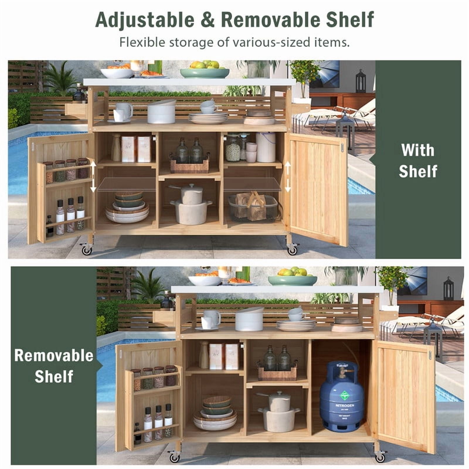 Outdoor Kitchen Island with Stainless Steel Top, Wood Grill Cart Storage Cabinet with Adjustable Shelf, Outdoor Grill Table with Spice Rack & Towel Rack