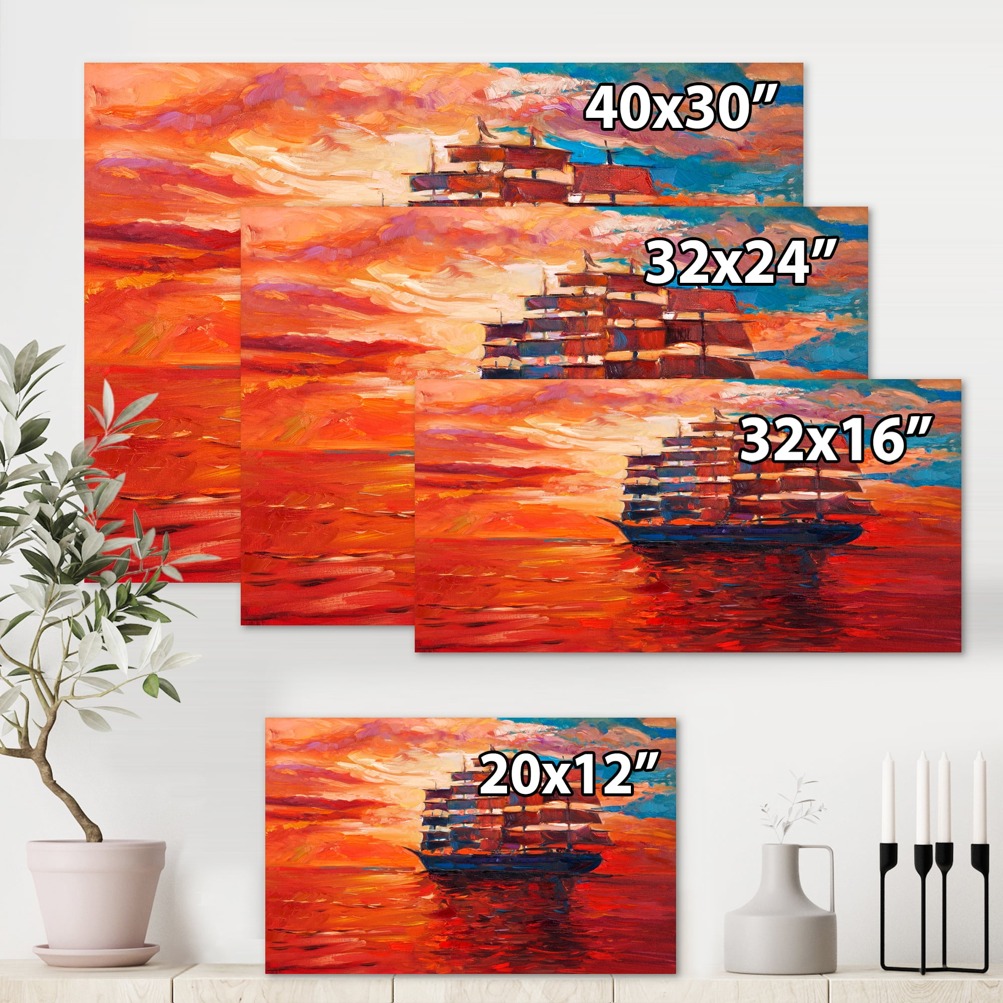 Designart ' Frigat During Red Evening Glow On The Ocean Horizon ' Nautical & Coastal Canvas Wall Art Print