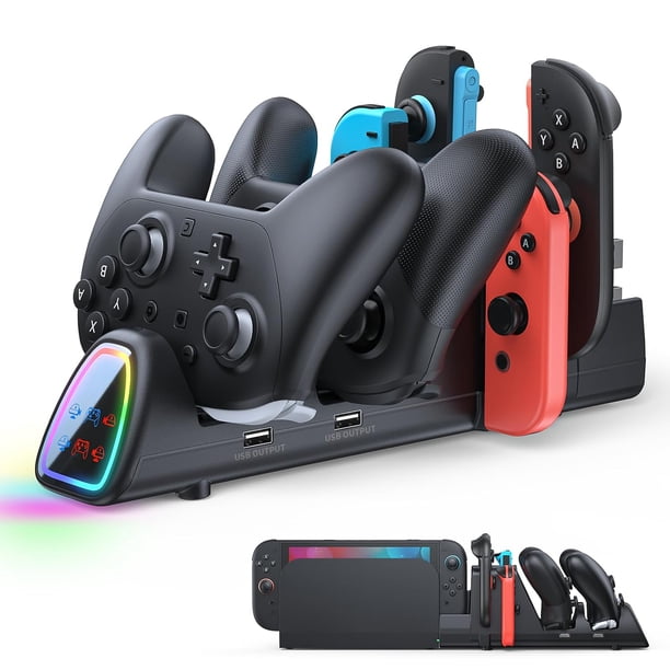 Base de carga para mandos compatible con Nintendo Switch 2/1 y Joy-Pads 2/1 — Estación de carga rápida 10 en 1 con soporte para el mando Pro