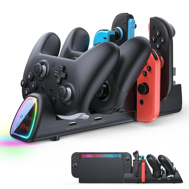 Base de carga para mandos compatible con Nintendo Switch 2/1 y Joy-Pads 2/1 — Estación de carga rápida 10 en 1 con soporte para el mando Pro