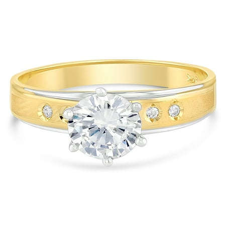 14K Solid Gold 1 Ct. Two Tone Gold Solitaire CZ Womens Engagement Ring