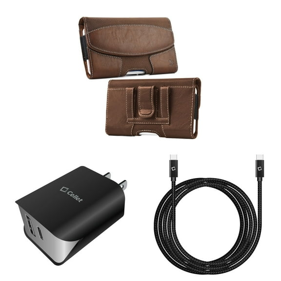 Holster and Wall Charger Bundle for TCL 30 LE: Nylon PU Leather Hybrid Belt Pouch Case (Brown) and UL Certified 18W Dual USB Port (Type-C & USB-A) Power Adapter