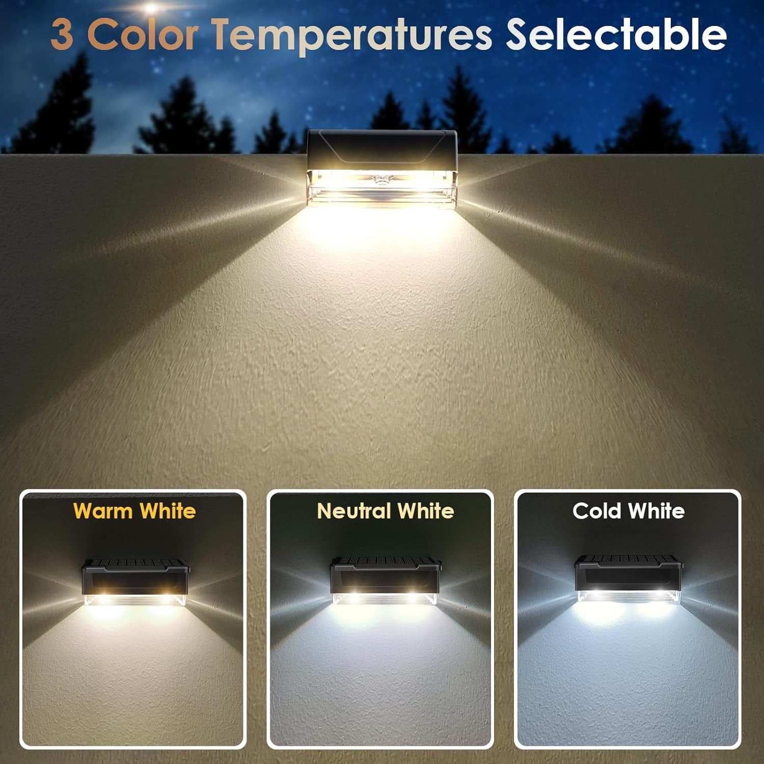 Solar Fence Lights Outdoor - 3000/4000/6000K 3 Mode, IP65 Waterproof Fence Lights Solar Powered, Dusk to Dawn Solar Light for Outside, Backyard/Step/Patio/Deck/Stair Railings and Wall