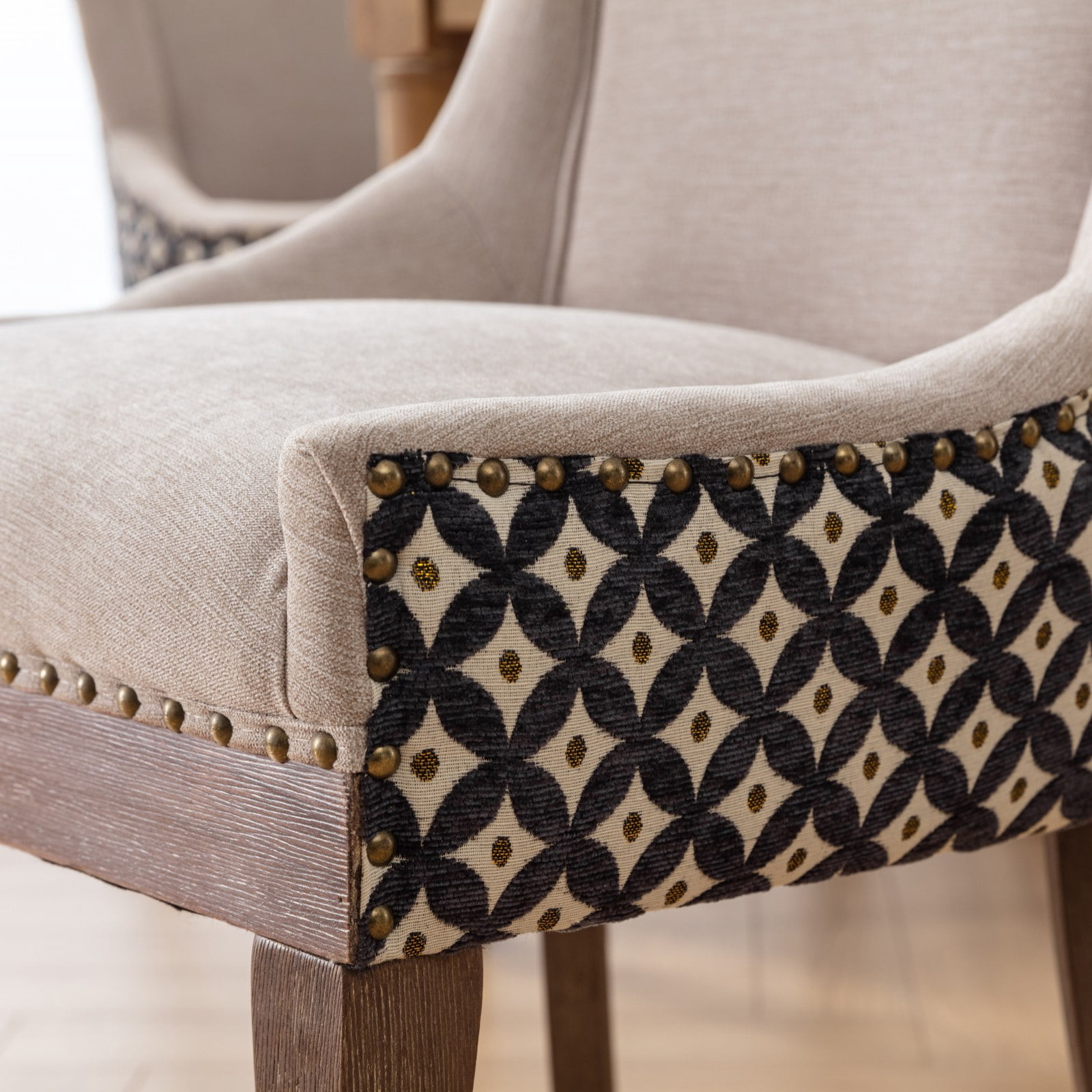 BSHTI Furniture Ultra Side Dining Chair Set of 2, Beige Patterned Fabric Chairs with Solid Wood Legs & Bronze Nail Head Trim, Unique Accent Seating