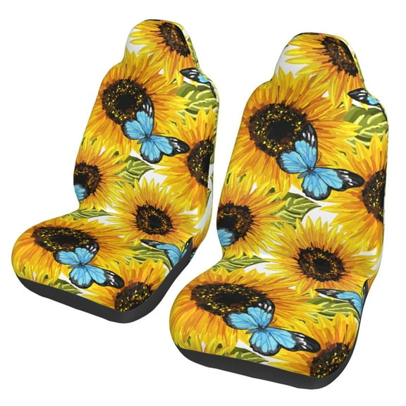 TEQUAN Front Seat Covers, Blue Butterflies Sunflowers Pattern 2 Piece Car Seat Cover Fit Most Car SUV Truck Van
