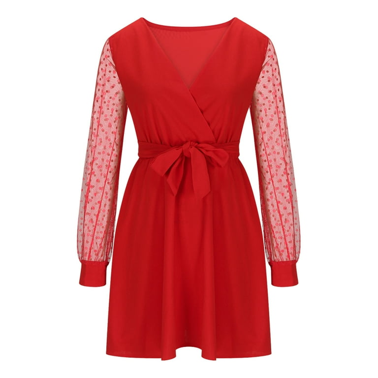 Blczomt Long Sleeve Womens Y2K Dress Lace Mini Red Dress Solid Dressy  Casual Formal Wrap V Neck Dresses - Walmart.com