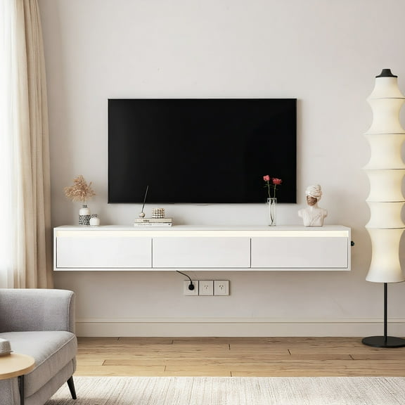 Resenkos Floating TV Stand (Wall-Mounted), TV Shelf with LED Lights & Power Outlet, High-Gloss TV Cabinet for Living Room - White