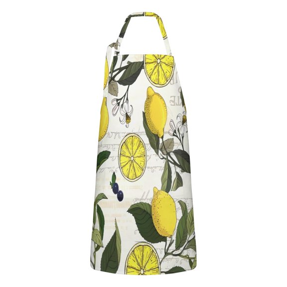 Yellow Lemon Fruit Berries Beige Pattern Apron-Garden Aprons for Women with Pockets-Cotton Linen Waterproof Kitchen Cooking Gardening Aprons Adjustable for Kitchen,Cooking,BBQ and Salon 33x27 Inch