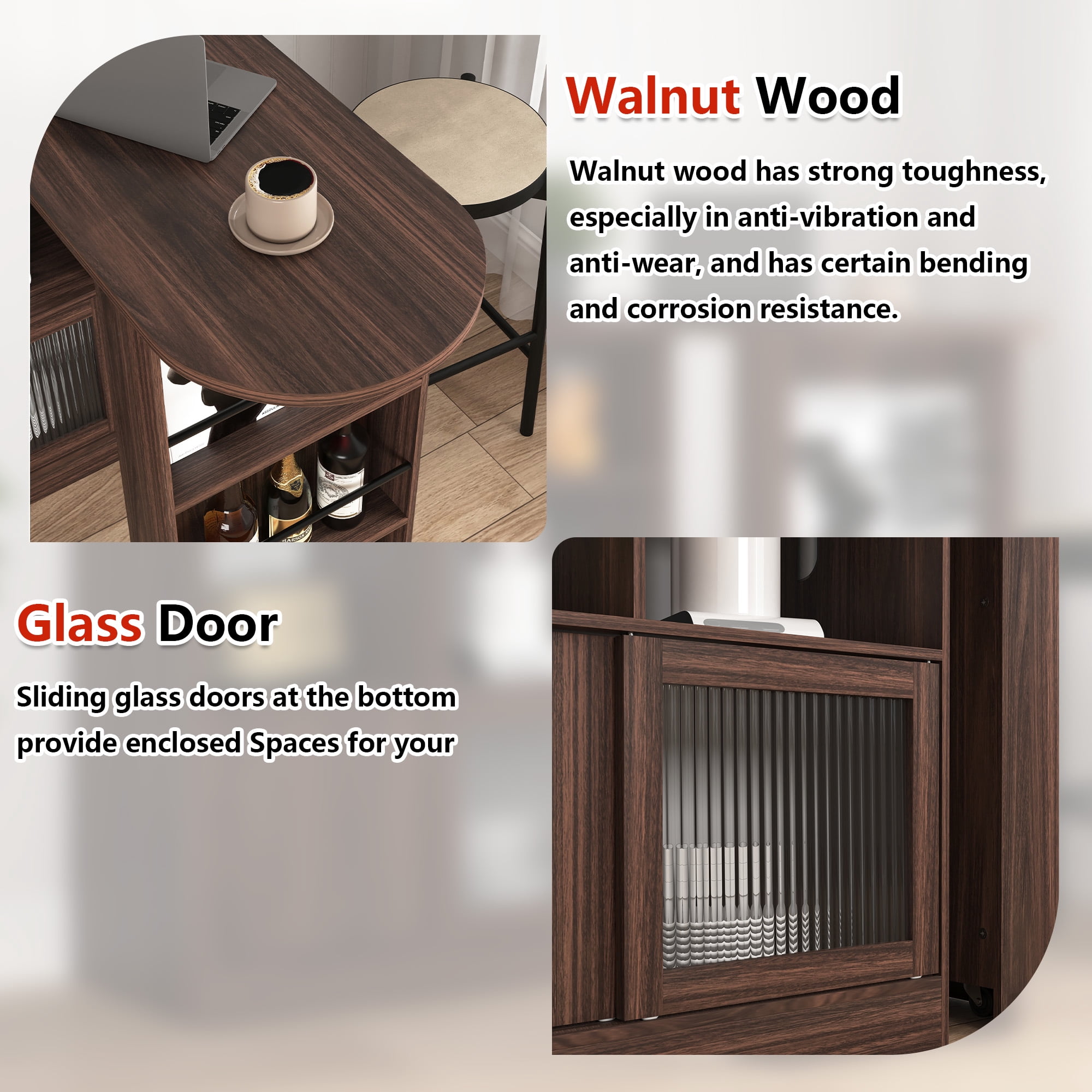 MOONMISS Walnut 3 Storage Shelves Rotating Top Modern Bar Cabinet with 6 Storage space and 2 Ribbed Glass Door