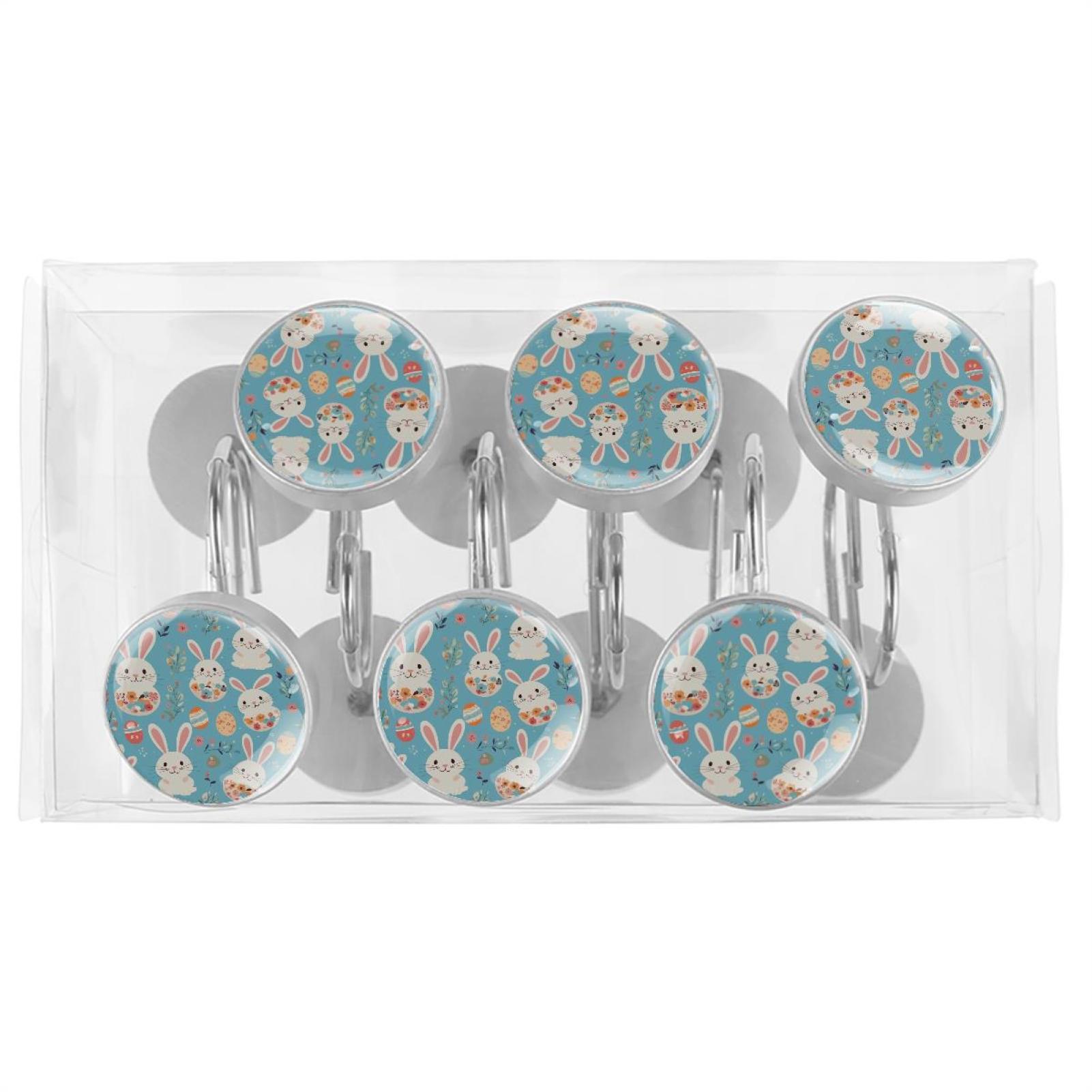 Imobaby 12 Pcs Metal Shower Curtain Hooks Rust Proof for Shower Curtain Liner - Blue Flower Little White Rabbit