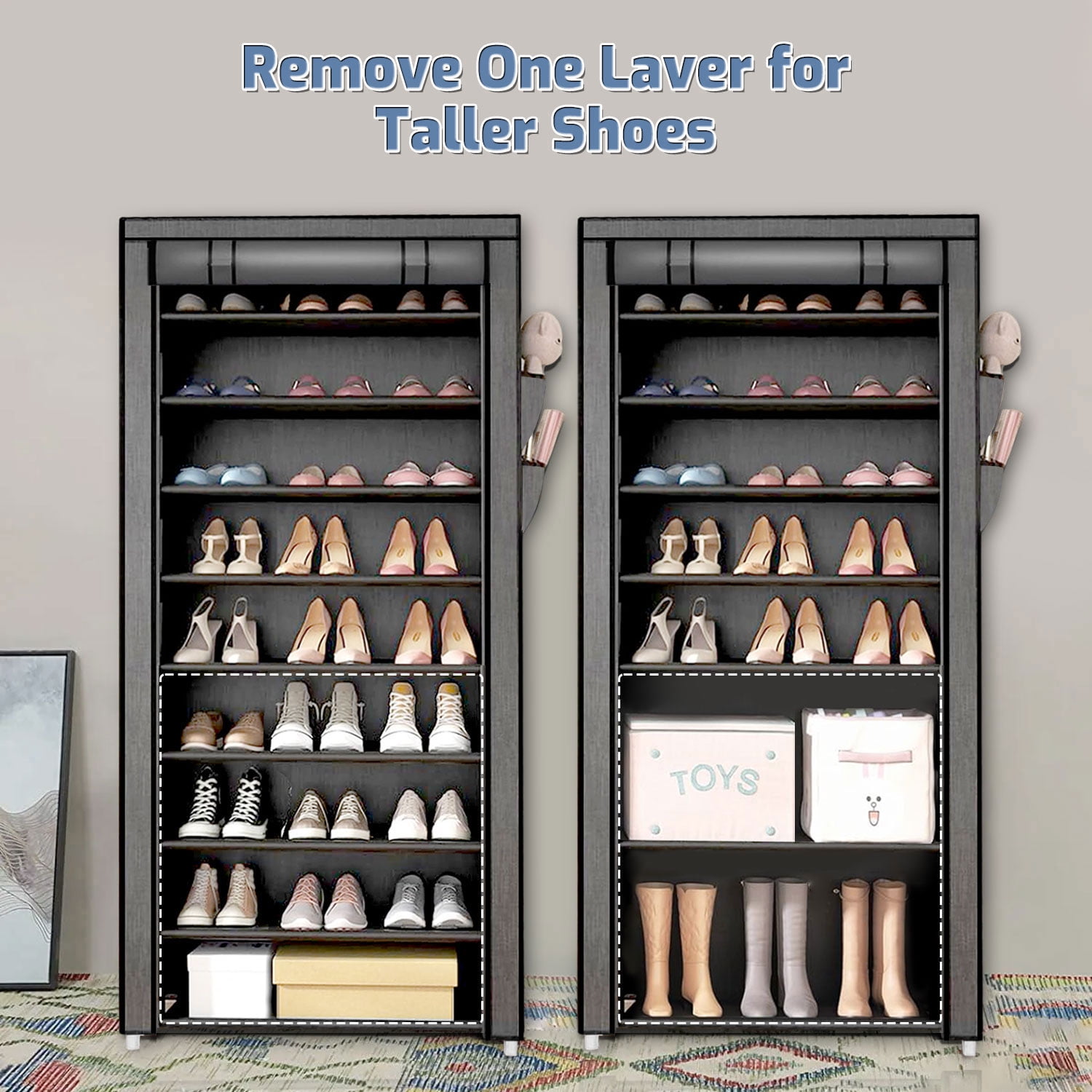 10 Tier Shoe Rack with Covers, Large Capacity Stackable Tall Shoe Organizer Storage, Sturdy Metal Free Standing Shoe Shelf for Closet Entryway Garage