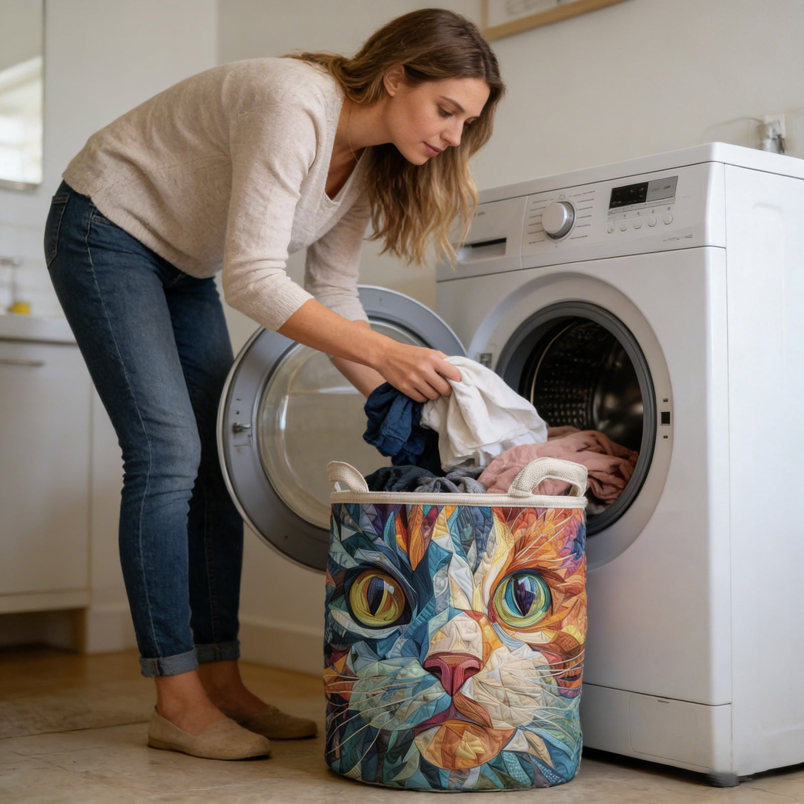 Quilted Laundry Boho Cat Animal Storage Hamper for Nursery Bedroom Laundry Room Sturdy Laundry Hamper with Handles for Home Storage and Laundry Organization Freestanding Utility