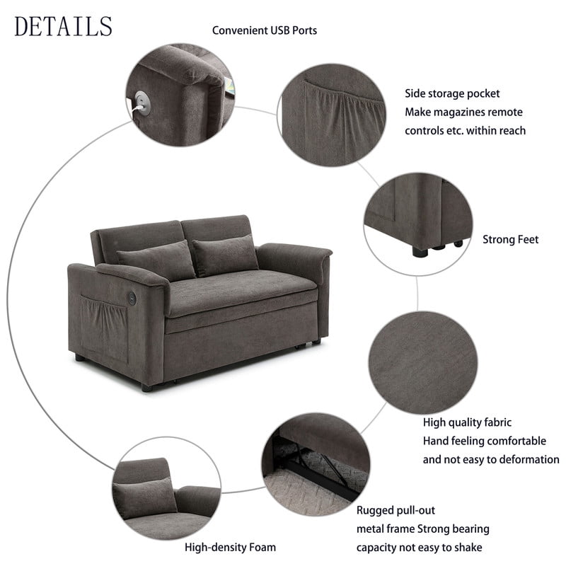 3-in-1 Convertible Velvet Pull Out Sofa Bed, Loveseat Chaise Sleeper Sofa with Adjustable Backrest, USB Ports & Side Pockets