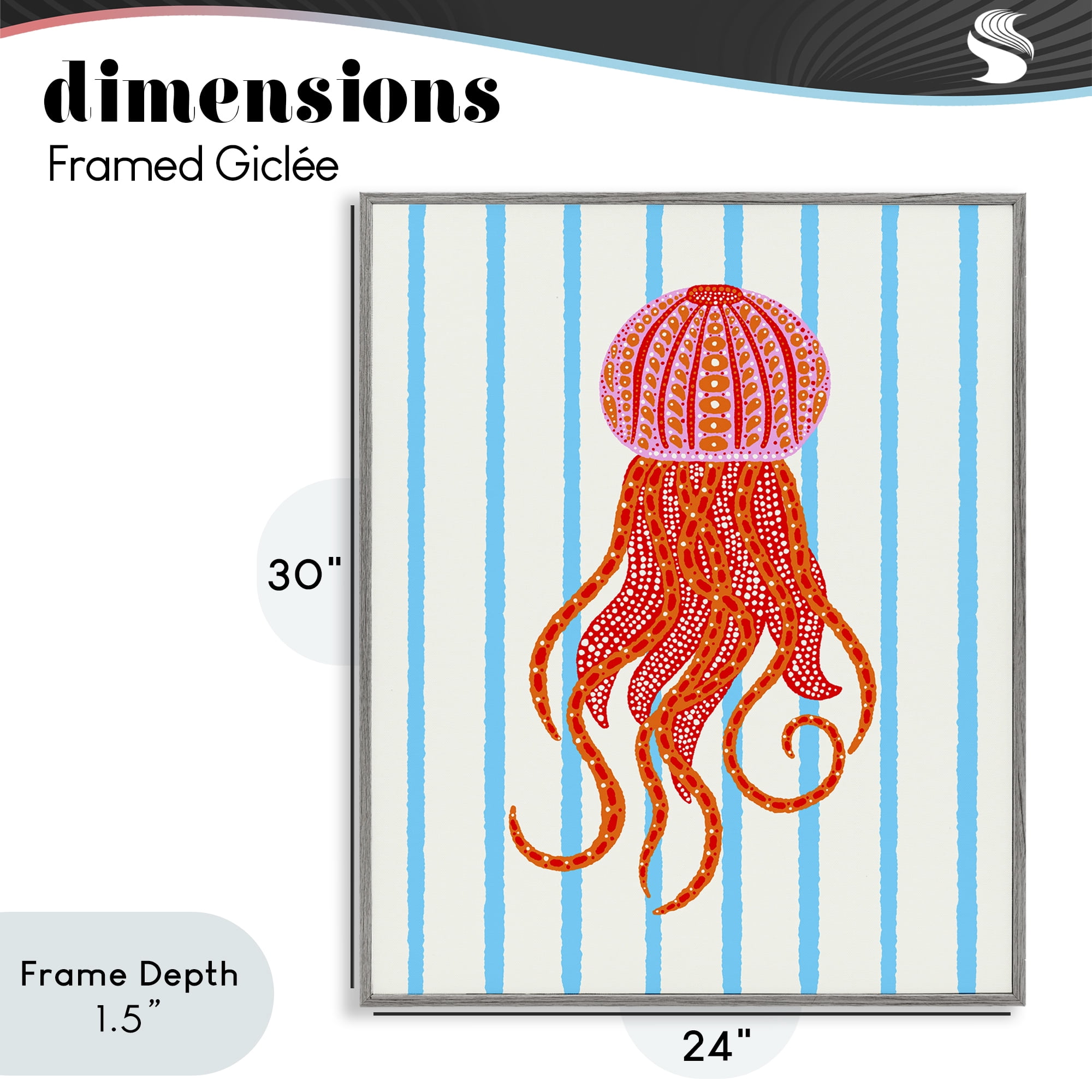 Stupell Industries Bright Aquatic Jellyfish on Stripes Gray Framed Giclee Art, design by Indira Prieto | IndySign