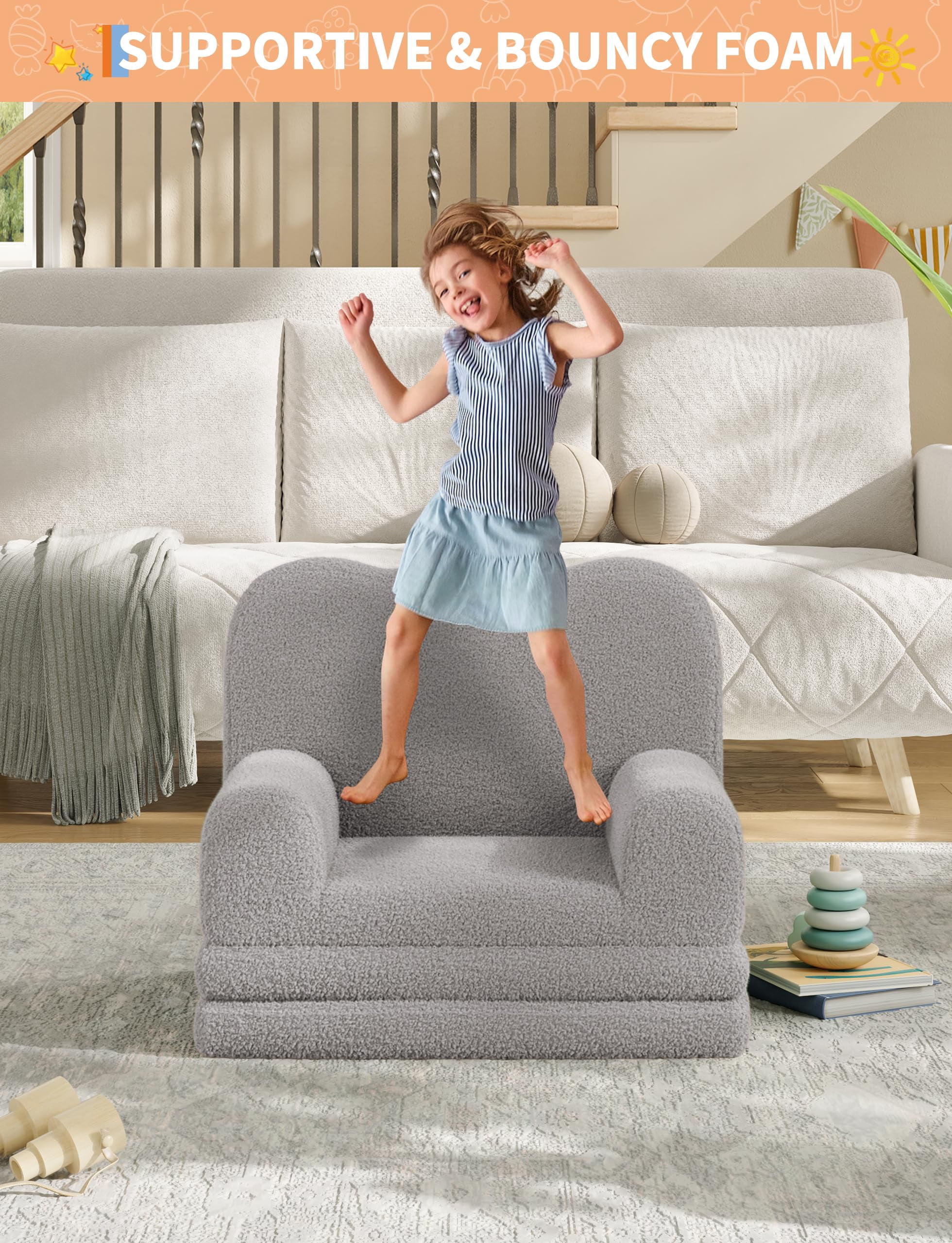Kojooin Kids Couch, 2-in-1 Convertible Teddy Fleece Fabric Toddler Sofa Chair, Soft Fold Out Couch Lounger for Kids, Comfy Children's Sofa Bed for Playroom, Nursery, Birthday Gift