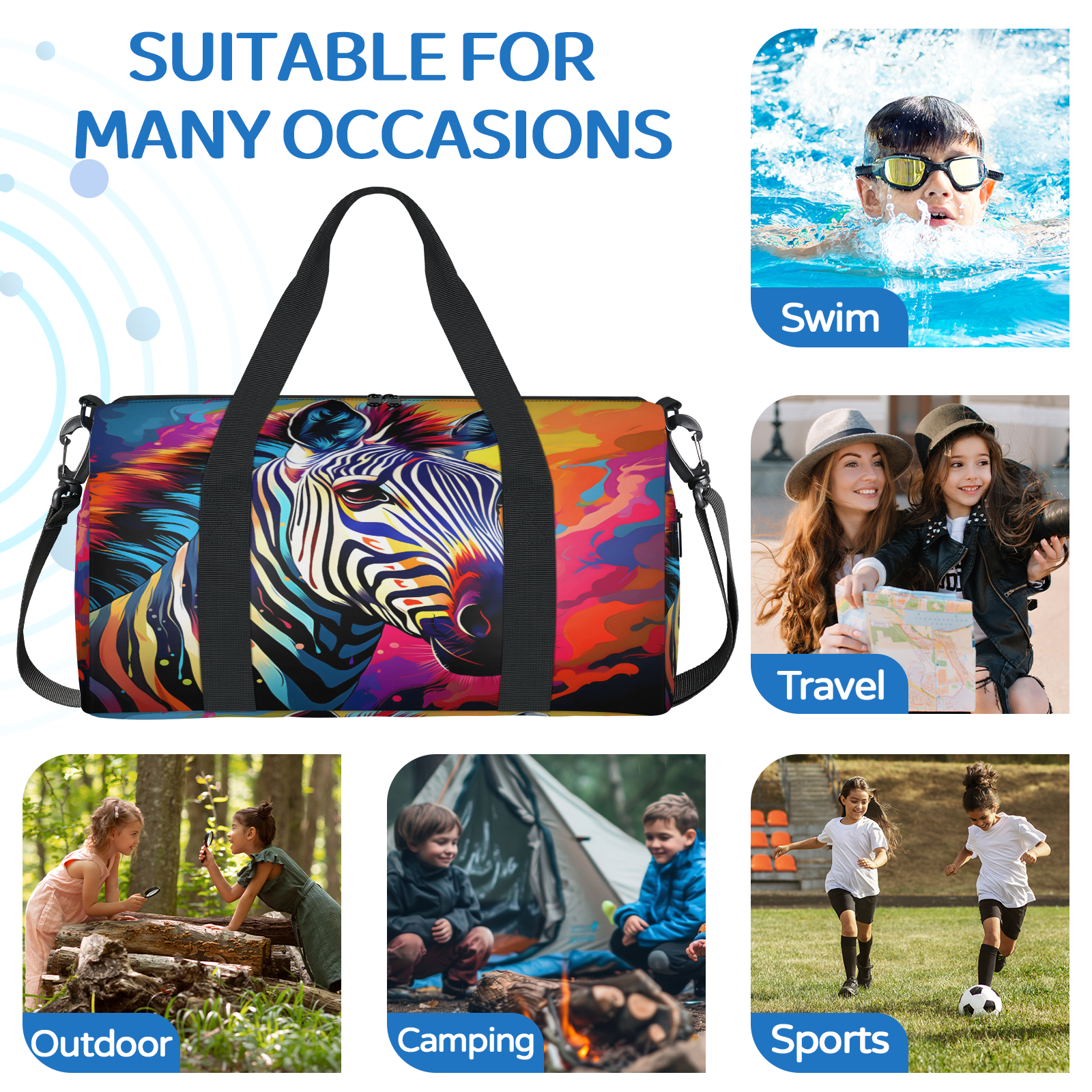 Herdesigns Colorful Zebra Gym Bag for Women, Duffle Bag for Travel Sport, Lightweight Waterproof Carry on Weekender Overnight Dance Yoga Workout Bags