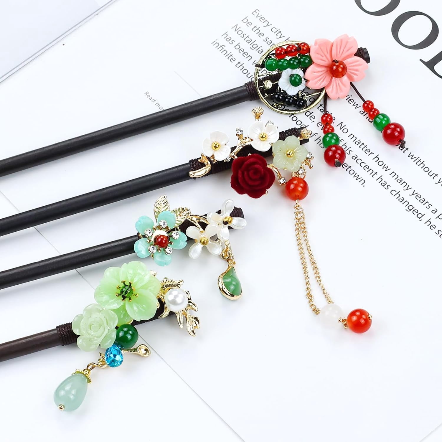 8pcs Wooden Hair Sticks, Chinese Wood Hair Pins with Tassel Pendants, Crystal Beads Flower Long Hair Chopstick Picks With Charm for Twist Bun Holder Fork Hair Slides Hair Accessories for Women