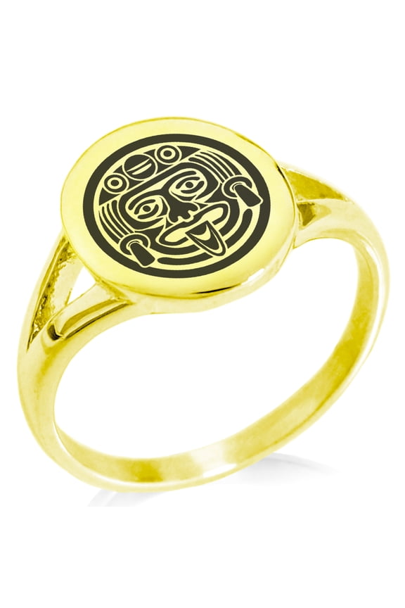 Stainless Steel Aztec Mask Rune Minimalist Oval Top Polished Statement Signet Ring