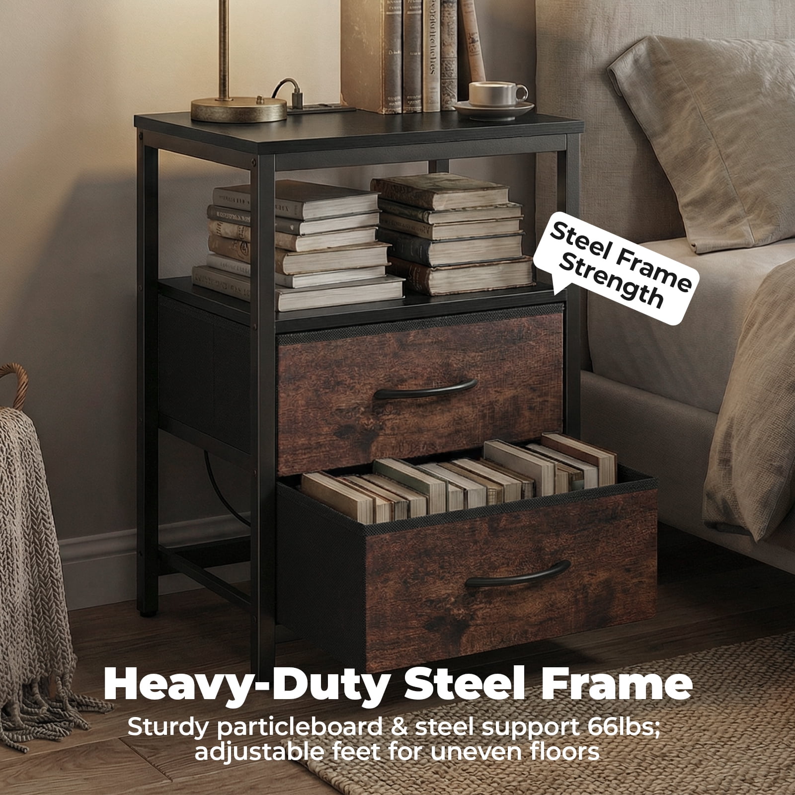 Alvantor Bedside Table Charging Station Nightstand with Fabric Drawers, End Side Table for Bedroom Living Room