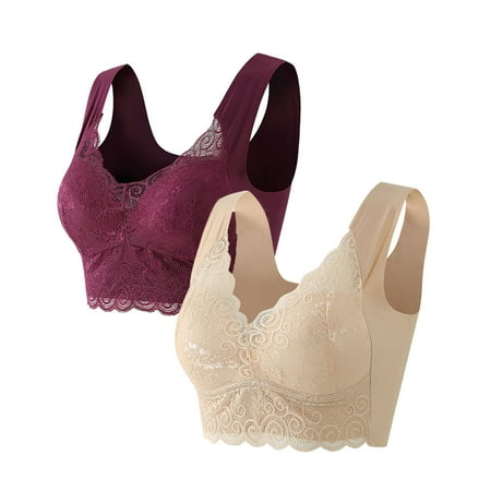 2PC Women Wireless Bras Comfort Back Support Floral Lace Bra Adjustable Wider Straps Full Coverage Lift Up Minimizer Bras Purple 1 38C
