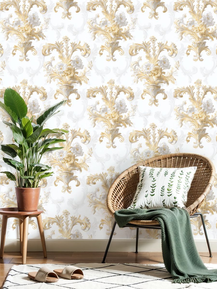 Vintage Peel and Stick Wallpaper 23.6in x 9.8ft Elegant Floral Damask Gold White Detailing Soft White Contact Paper Vinyl Waterproof Self Adhesive Wall Paper for Bedroom Shelf Cabinet