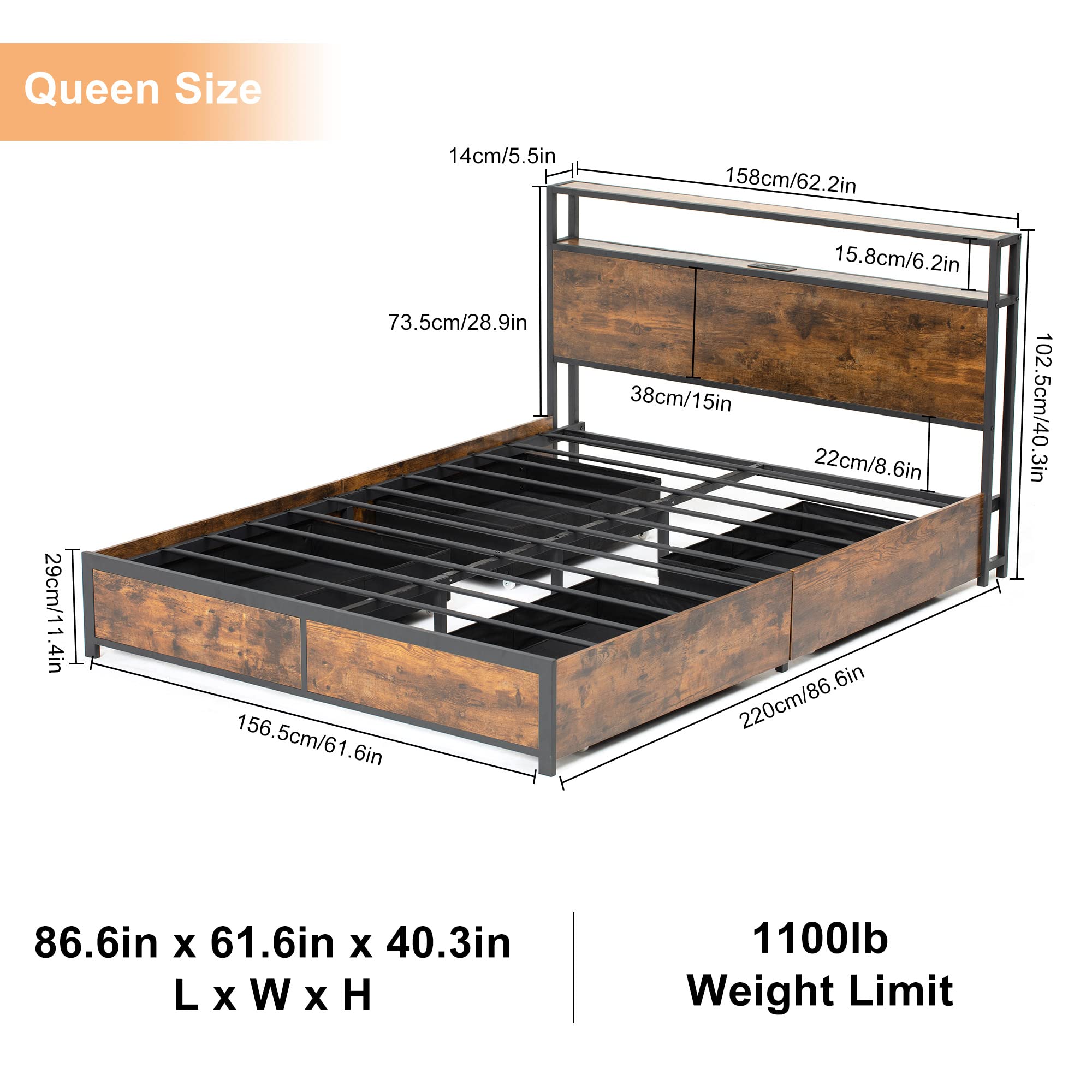 Queen LED Bed Frame with Power Charging Station and USB Ports, Metal Platform Bed with Storage Headboard & 4 Drawers(Brown-Queen) - image 5 of 9