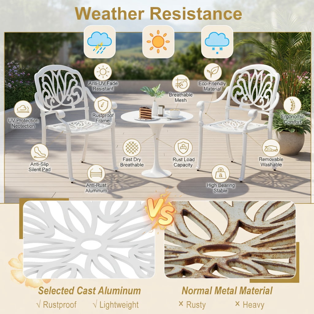 Hommoo 2-Pack Stackable Cast Aluminum Outdoor Dining Chairs with Armrests, All-Weather Patio Seating for Backyard, Garden & Porch, White
