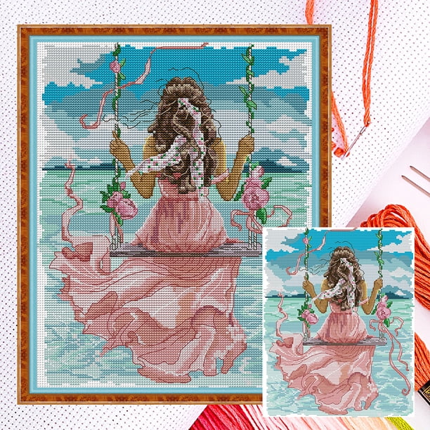 Hilo Algodón Bordado Parcial Punto Cruz para Niña Con Reloj Mar Contado 11CT 34x43cm