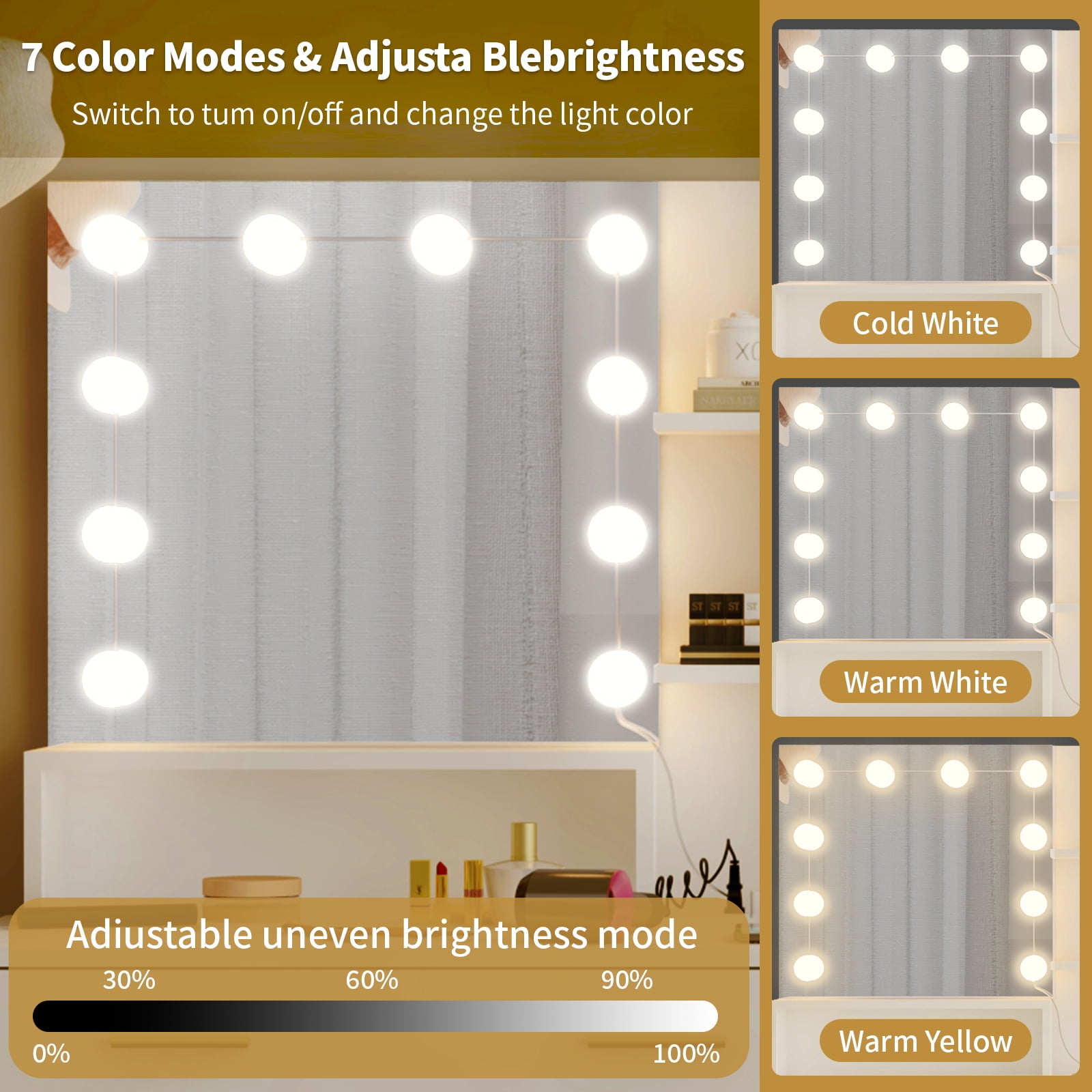 Ktaxon Makeup Vanity with 4 Drawers&Charging Station, Vanity Table Desk with 3 Color Light, Dressing Table w/ 2 Door Cabinet, White