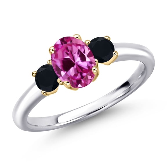 Gem Stone King 925 Silver and 10K Yellow Gold Pink Created Sapphire and Black Onyx Engagement Ring for Women | 1.16 Cttw | Oval 7X5MM | Gemstone September Birthstone | Size 6