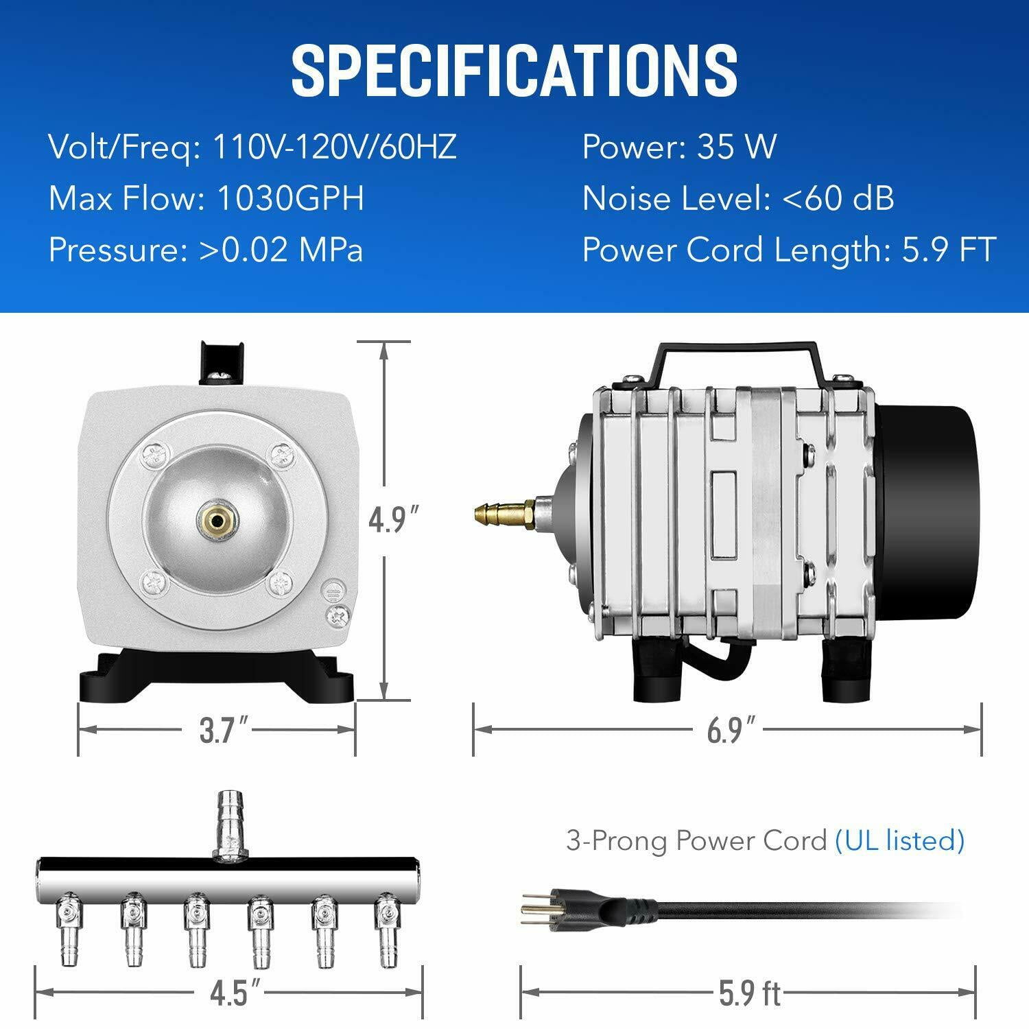 Simple Deluxe Commercial Air Pump 1030 GPH 35W 65L/Min 6 Outlets with Airline Tubing 25 ft for Aquarium, Pond, Silver