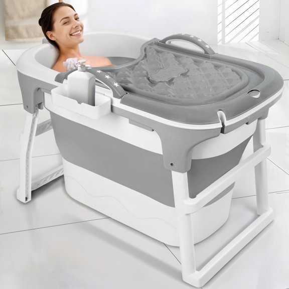 39" Portable Folding Bathtub, Small Foldable Tub with Ergonomic Seat & Massage Roller, Large Collapsible Tub, Freestanding Surround Collapsible Tub, Effortless Foldable Bathtub-Grey