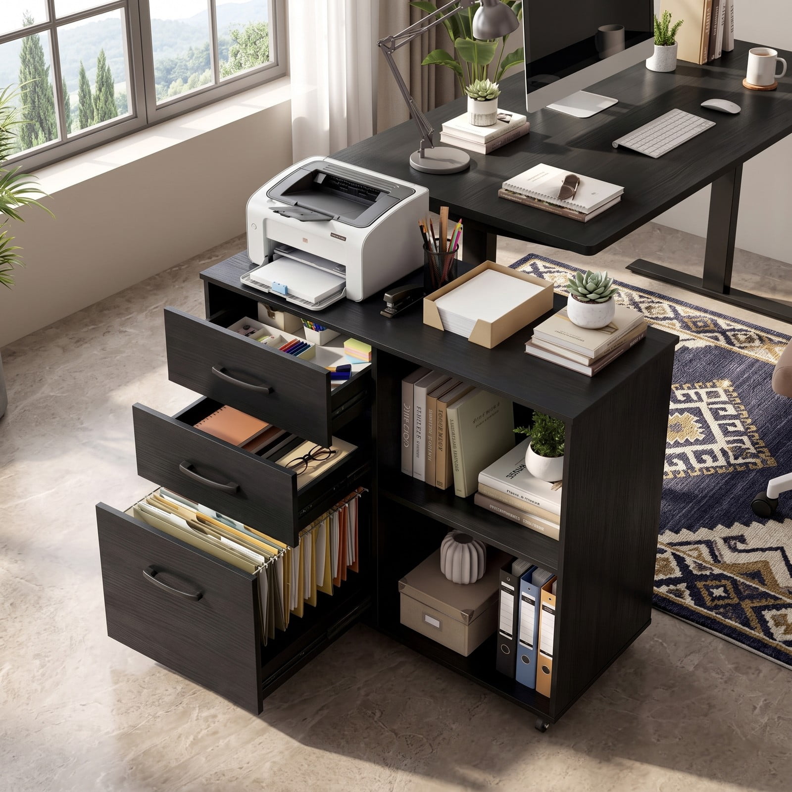 Furnibear 3-Drawer Mobile Lateral File Cabinet Printer Stand, Rolling Wood Filing Cabinet with Locking Wheels and 3-Level Shelf for Home Office, Holds A4 and, Black
