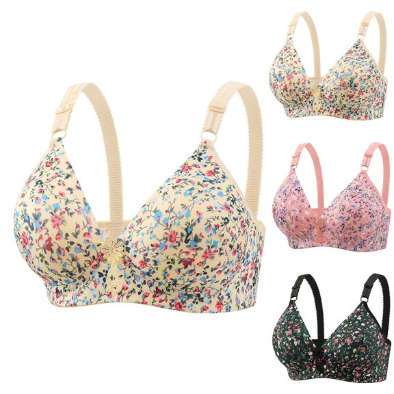 Floral Print Wireless Lace Bra for Women Adjustable Strap Breathable Comfort Daisy Bra No Underwire Jelly Bras, 40