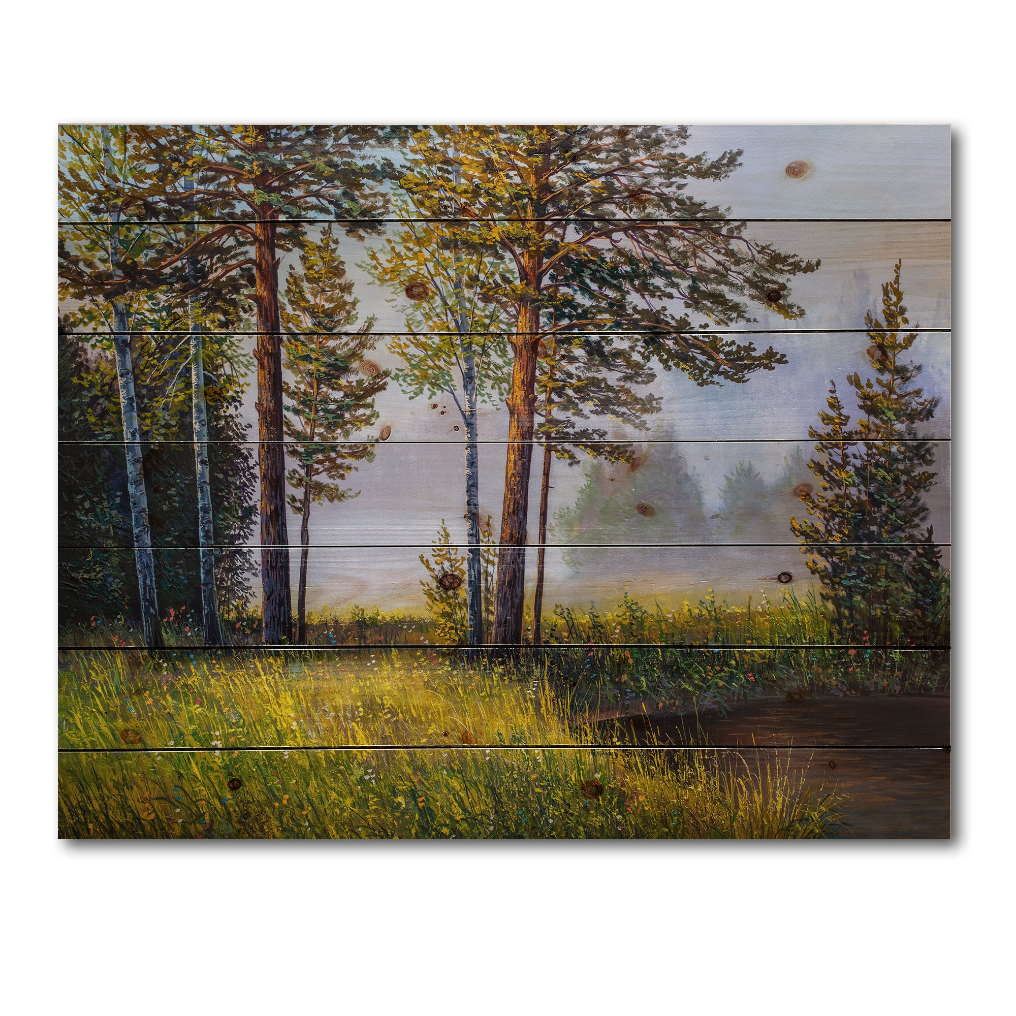 Designart 'Subtle Sunset Light Through The Trees III' Lake House Print on Natural Pine Wood
