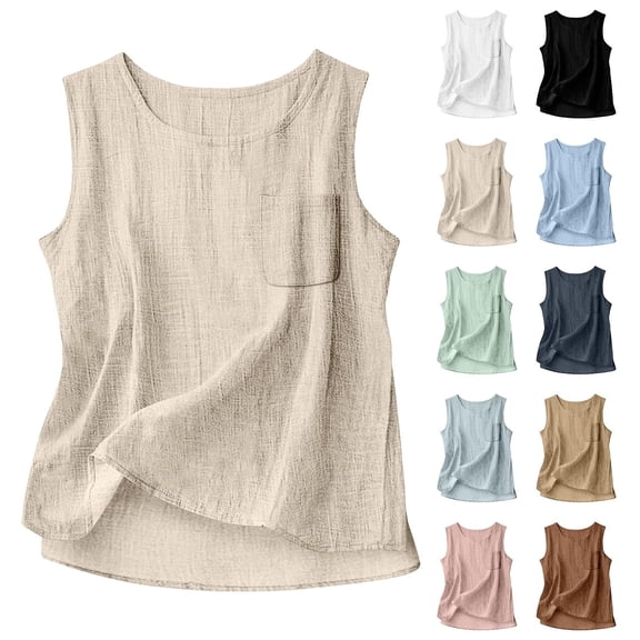 Paiwinds Women's Sleeveless Linen Blend Tank Top with Pocket, Casual Loose Fit Summer Blouse, Solid Color Round Neck Tunic Shirt
