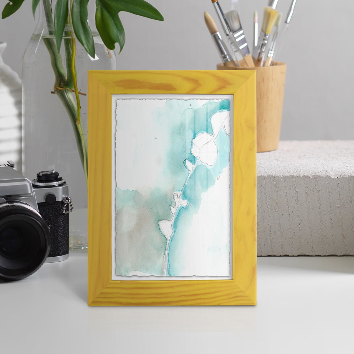 Ginkgo on Dusty Teal VII - Framed Print w/glass - Sunflower Yellow