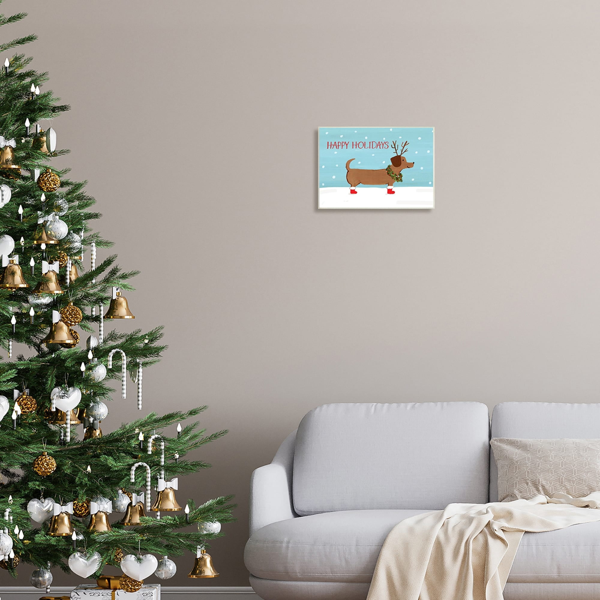 Happy Holidays Text Dog Wearing Antlers Snow Scene Animals & Insects Painting Unframed Art Print Wall Art