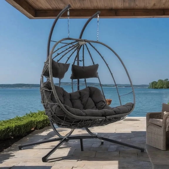 YIORTWO 2 Person Swing Egg Chair with Sturdy Stand & Fluffy Cushion, Double Hand-Woven Wicker Rattan Hanging Egg Chairs, Porch Swing Loveseat for Indoor Outdoor, Dark Grey