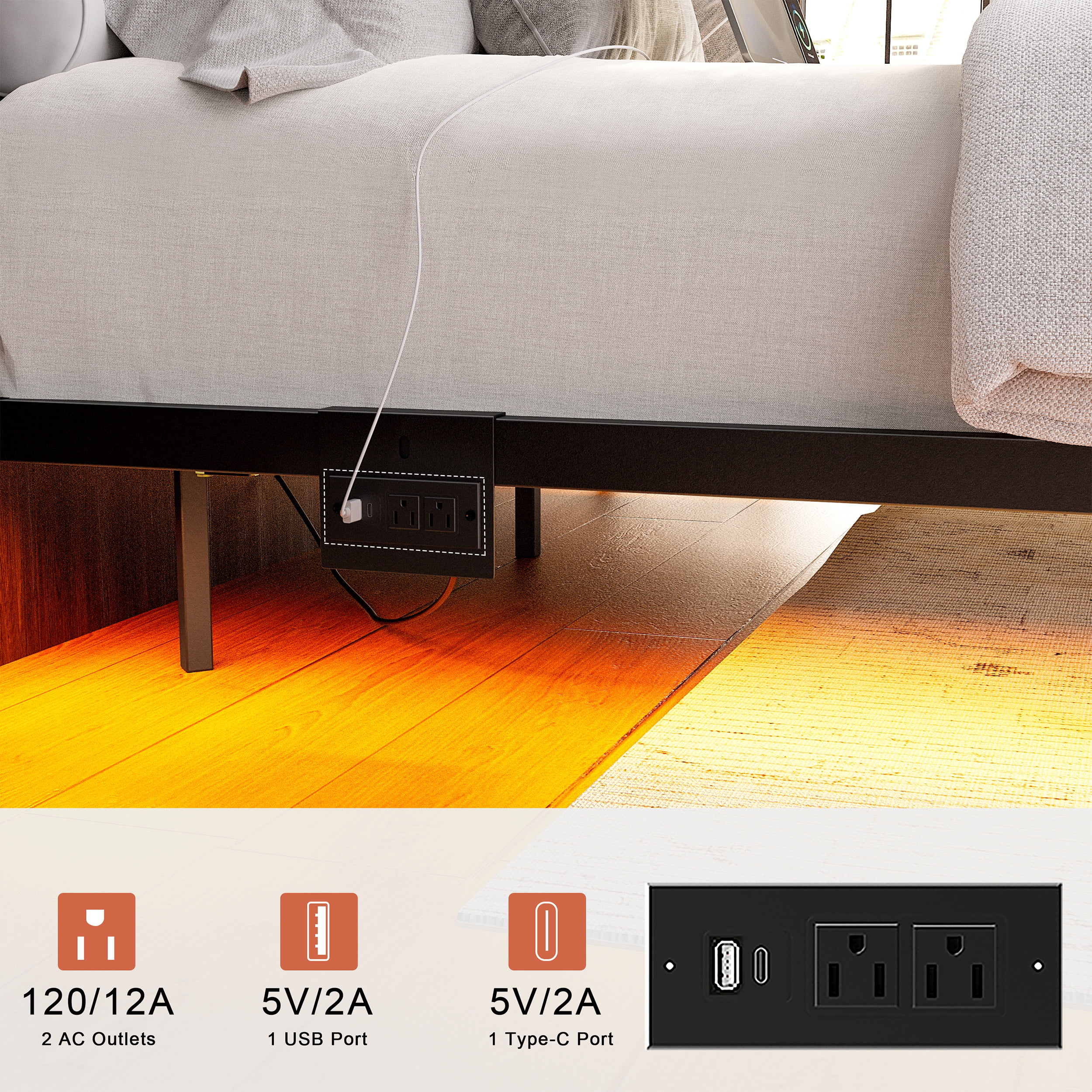 KOUSEI Floating Bed Frame Queen Size Metal Platform Bed with LED Lights & Charging Station Modern Bed No Box Spring Required，Black