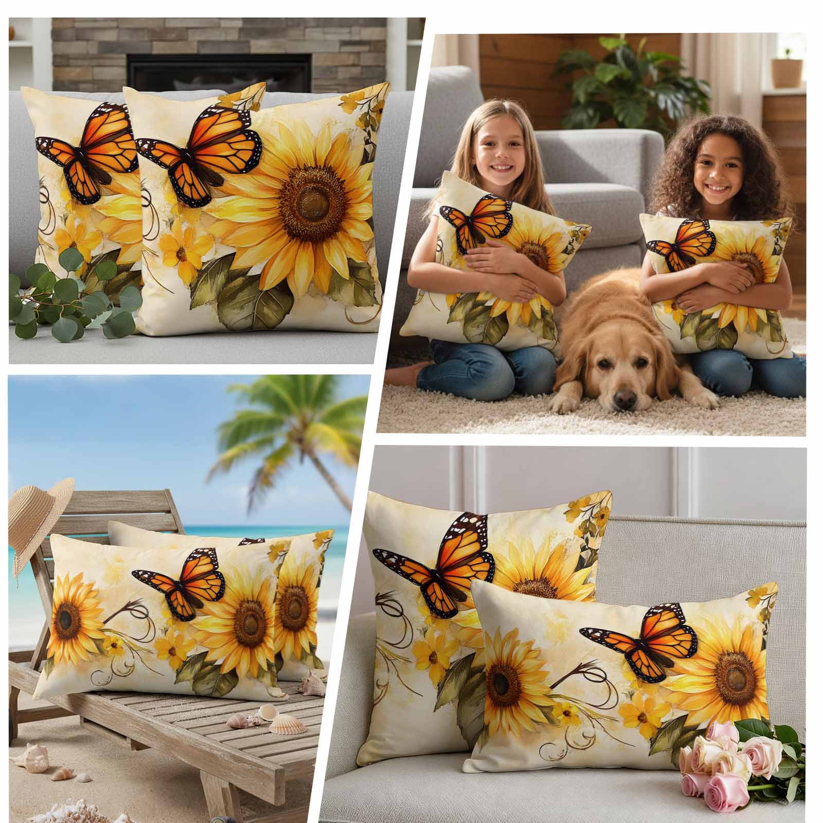 Pack of 2 Outdoor Pillow Covers 18x18 Inch Waterproof Sunflower Throw Pillow Covers, Decorative Couch Pillow Case Sham Butterfly Spring Floral Retro Pillowcases Cushion Covers for Patio Garden