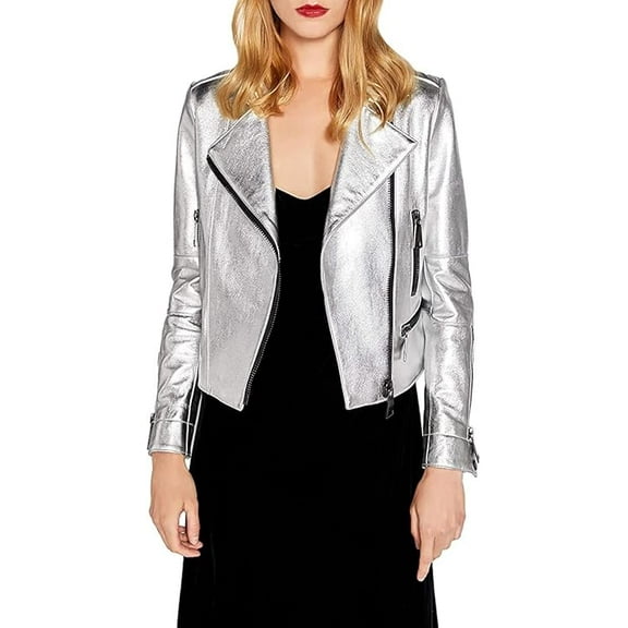 Women's Genuine Silver Lambskin Leather Jacket Motorcycle Slim Fit Biker Jacket W290