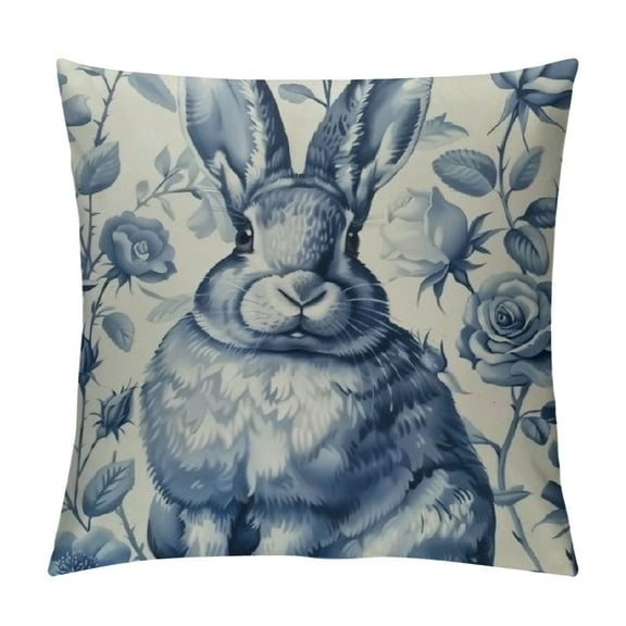 Creowell Blue and White Porcelain Pillow Covers Floral Chinoiserie Rabbit Pattern Farmhouse Decorative French Country Style Cushion Pillowcases for Bedroom Living Room Sofa