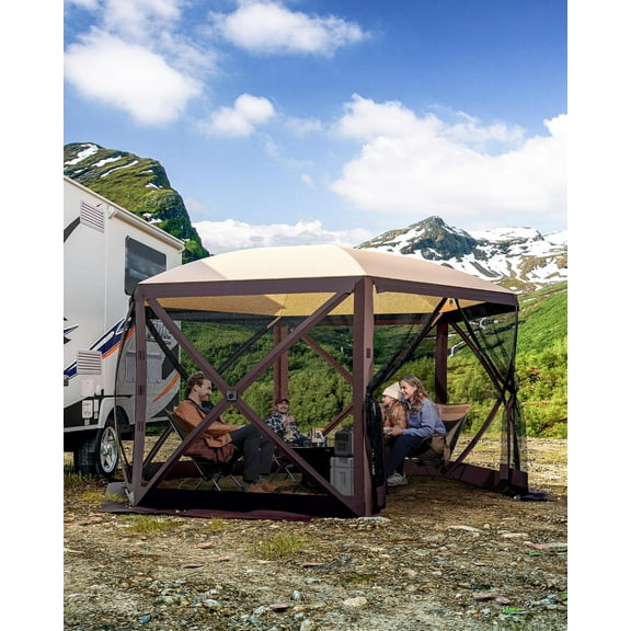 Pop Up Canopy Tent 12x12 Ft 6 Sidedpop-up-gazeboScreen Tent with Mesh Windows, Portable Carry Bag, Stakes, Instant Shade Screened in Gazebo for Outdoor Camping, Lawn, Backyard, Khaki/Beige