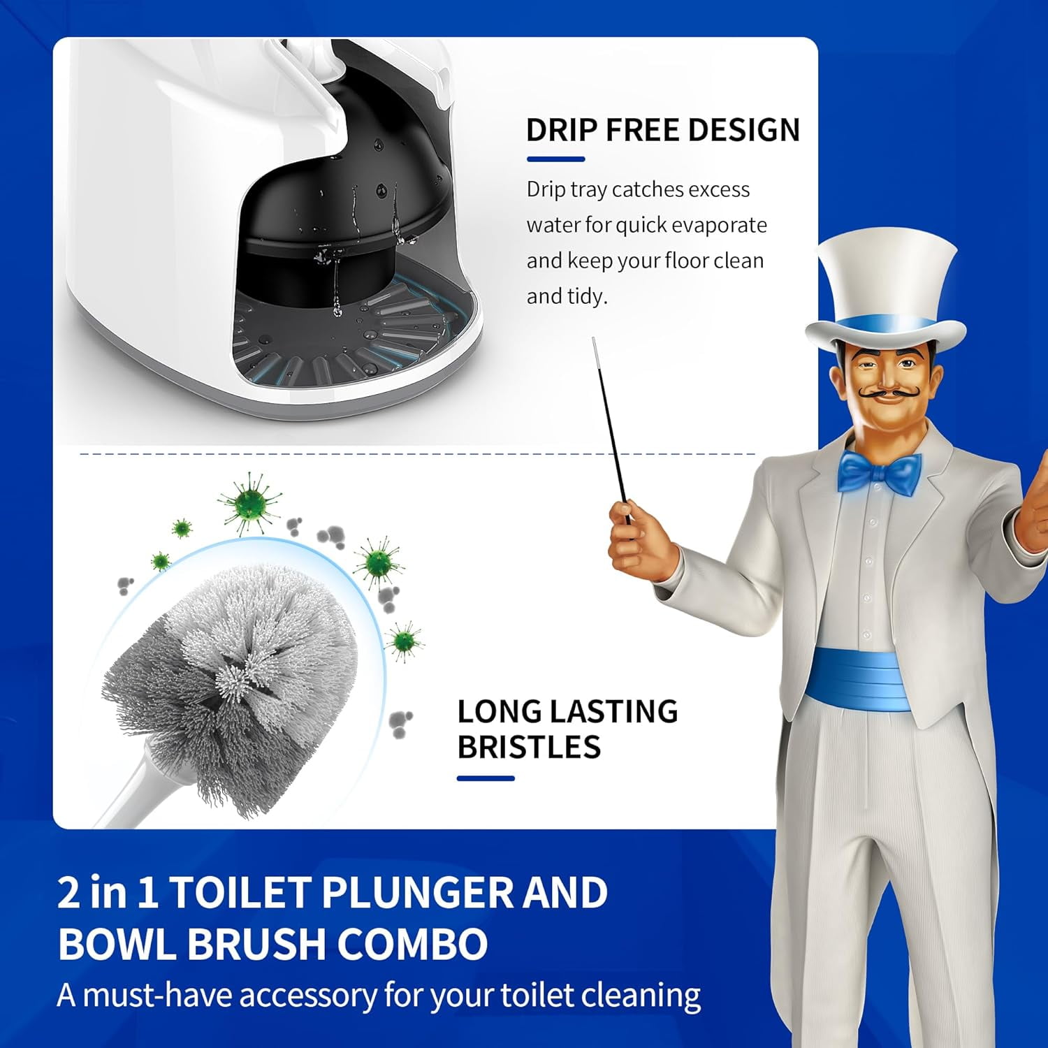 Toilet Plunger and Bowl Brush with Holder, Heavy Duty Toilet Brush and Plunger Set for Bathroom Cleaning, White, 1 Set