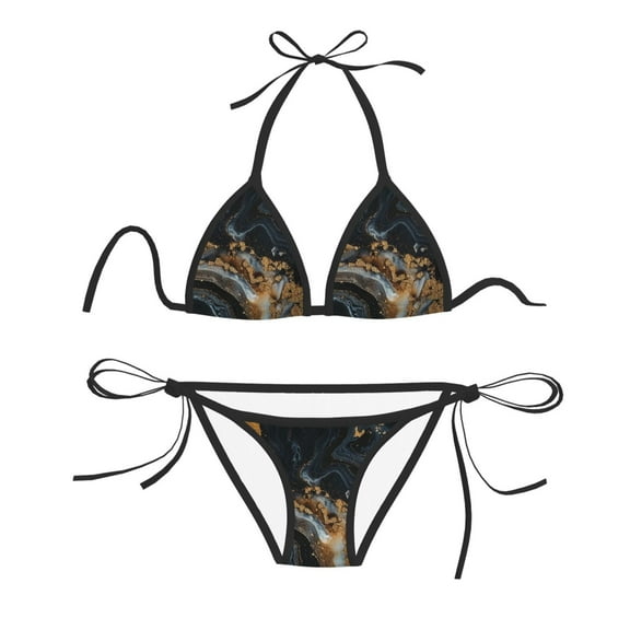 Women Two Piece Swimsuit Sexy Swimwear Halter String Triangle Bikini Sets - Marble Pattern Black Gold