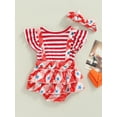 thumbnail image 4 of Bagilaanoe 2Pcs Baby Girls 4th of July Outfits Striped Star Print Flying Sleeve Layered Romper Dress + Hairband for 0-18 Months, 4 of 9