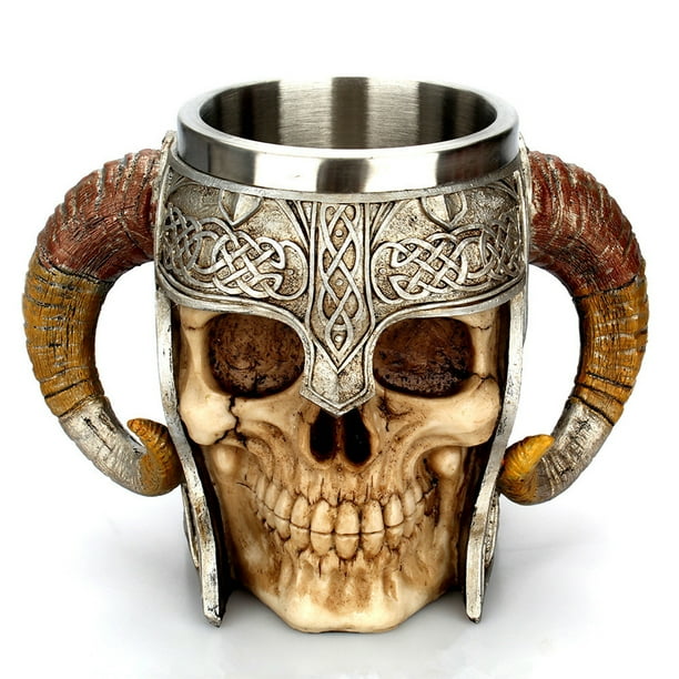Naiovety Taza de viaje de calavera de resina, tazas de cerveza vikingas Retro de acero inoxidable, tazas góticas, vasos de café, jarras Teteras