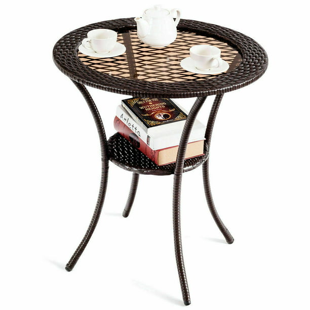 Gymax Round Rattan Wicker Coffee Table, Round Rattan Side Table With Shelf
